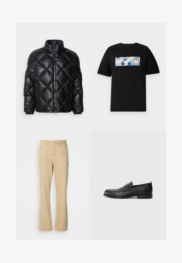 Černá prošívaná péřová bunda s vysokým límcem, předním zipem a kapsami na zip na bocích, vyrobená z hladkého lesklého materiálu.; Černé bavlněné tričko s obdélníkovou grafikou v modré a krémové barvě, zdobené kruhovými vzory a kresbičkami, navržené pro uvolněný střih.; Béžové manšestrové kalhoty s rozšířenými nohavicemi, s knoflíkem a zipem, vybavené pěti kapsami a viditelnými švy podél nohavic. Hladký povrch.; Černé kožené mokasíny s texturovaným předním panelem a hladkými stranami. Mají štíhlý podpatek a zadní poutko pro snadné obouvání. Klasický design.