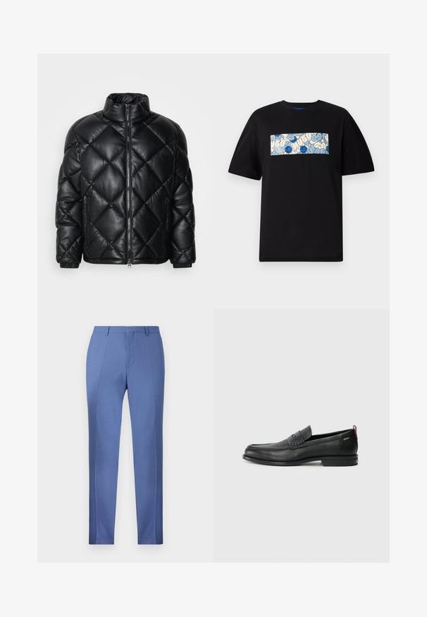 Crna jakna od pošivene pufaste tkanine s visokim ovratnikom, prednjim zatvaračem i zatvorenim bočnim džepovima, izrađena od glatkog sjajnog materijala.; Crna pamučna majica s pravokutnim grafičkim uzorkom u plavoj i krem boji s kružnim uzorcima i crtežima, dizajnirana za opušteni kroj.; Svijetloplave krojene hlače s glatkom teksturom, koje imaju oštre nabore, ravni prednji dio i bez vidljivih džepova ili ukrasa.; Crne kožne loafere s teksturiranim prednjim panelom i glatkim stranama. Imaju uski petu i stražnju petlju za lakše obuvanje. Klasičan dizajn.