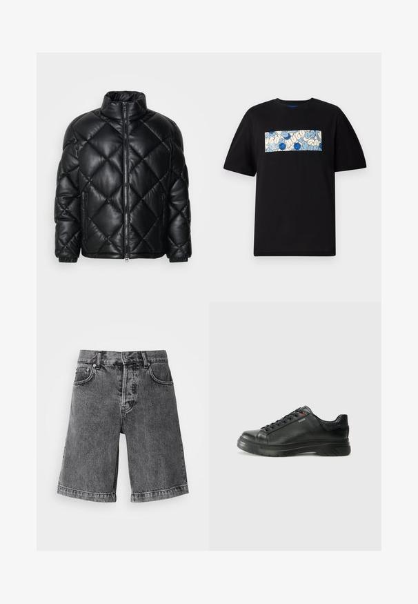 Chaqueta de plumas acolchada negra con cuello alto, cremallera frontal y bolsillos laterales con cremallera, hecha de un material suave y brillante.; Camiseta de algodón negra con un gráfico rectangular en azul y crema, con patrones circulares y garabatos, diseñada para un ajuste relajado.; Pantalones cortos de mezclilla negra con un ajuste relajado, cintura de media altura, cinco bolsillos y dobladillo deshilachado, que presentan un tejido texturizado y un patrón sutil desgastado.; Zapatilla negra de cuero con parte superior texturizada, cuello acolchado y detalle del logo en rojo. Presenta una suela de goma gruesa con un patrón de relieve distintivo.