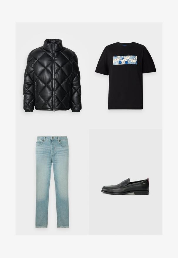 Casaquinho puffer preto, acolchoado, com colarinho alto, fecho frontal com zíper e bolsos laterais com zíper, feito de um material liso e brilhante.; T-shirt de algodão preta com um gráfico retangular em azul e creme, adornado com padrões circulares e rabiscos, concebido para um ajuste confortável.; Jeans de ganga azul claro com um corte reto, apresentando um efeito desbotado, design de cinco bolsos e fecho frontal por botão.; Mocassins de couro pretos com um painel frontal texturizado e laterais lisas. Apresentam um salto fino e uma alça na parte de trás para fácil colocação. Design clássico.