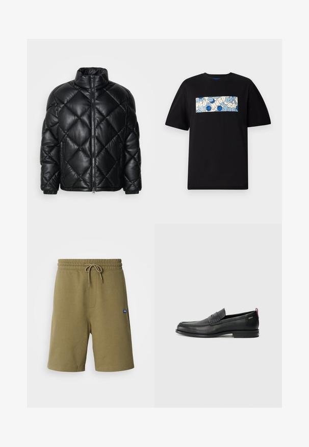 Black quilted puffer jacket with high collar, front zipper, and zippered side pockets, made of smooth shiny material.; Black cotton t-shirt featuring a rectangular graphic in blue and cream with circular patterns and doodles, designed for a relaxed fit.; Khaki athletic shorts made of soft cotton blend, featuring an elastic waistband with drawstring, side pockets, and a logo patch.; Black leather loafers with a textured front panel and smooth sides. Features a slim heel and rear loop for easy wear. Classic design.