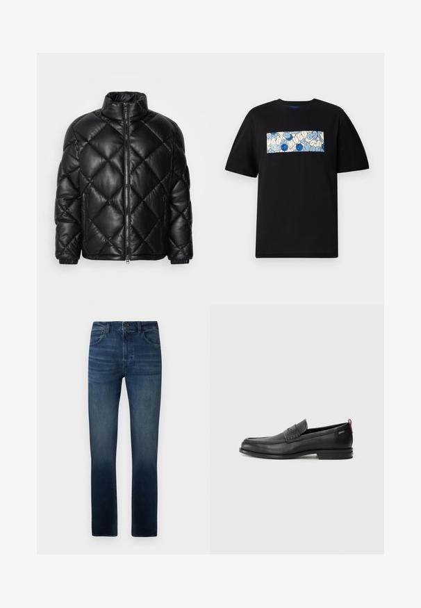 Casaquinho puffer preto, acolchoado, com colarinho alto, fecho frontal com zíper e bolsos laterais com zíper, feito de um material liso e brilhante.; T-shirt de algodão preta com um gráfico retangular em azul e creme, adornado com padrões circulares e rabiscos, concebido para um ajuste confortável.; Jeans de denim azul com um corte reto, apresentando uma cintura média, um leve desbotamento e um design tradicional de 5 bolsos.; Mocassins de couro pretos com um painel frontal texturizado e laterais lisas. Apresentam um salto fino e uma alça na parte de trás para fácil colocação. Design clássico.