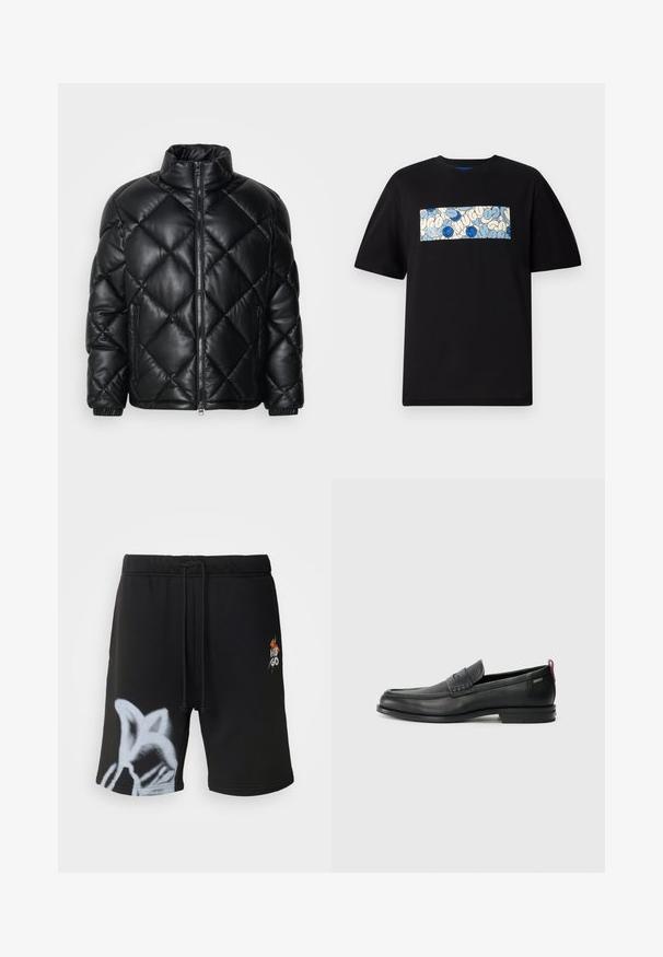 Svart quiltad pufferjacka med hög krage, framzipper och sidofickor med dragkedja, tillverkad av glatt glänsande material.; Svart bomullströja med en rektangulär grafik i blått och cream med cirkulära mönster och klotter, designad för en avslappnad passform.; Svarta shorts med dragsnöre i midjan, med ett grått grafiskt tryck på det ena benet och en liten broderad logotyp på motsatt sida.; Svarta läderloafers med en texturerad frontpanel och släta sidor. Utrustade med en smal klack och en bakre ögla för enkel påtagning. Klassisk design.
