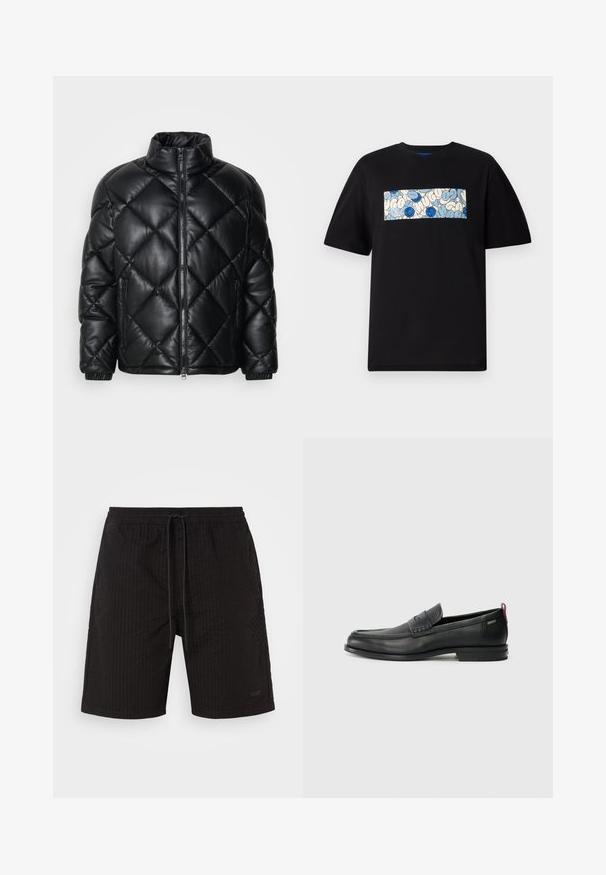 Sort quiltet pufferjakke med høj krave, frontlynlås og lynlåslommer i siden, lavet af glat, blankt materiale.; Sort bomulds t-shirt med en rektangulær grafik i blå og creme med cirkulære mønstre og doodles, designet til en afslappet pasform.; Sorte badeshorts med en struktureret, ribbet mønster. Elastisk talje med snøre. Diskret branding på den nederste front. Ingen lommer.; Sorte læder loafers med en tekstureret frontpanel og glatte sider. Har en slank hæl og en bageste løkke til nem påtagning. Klassisk design.