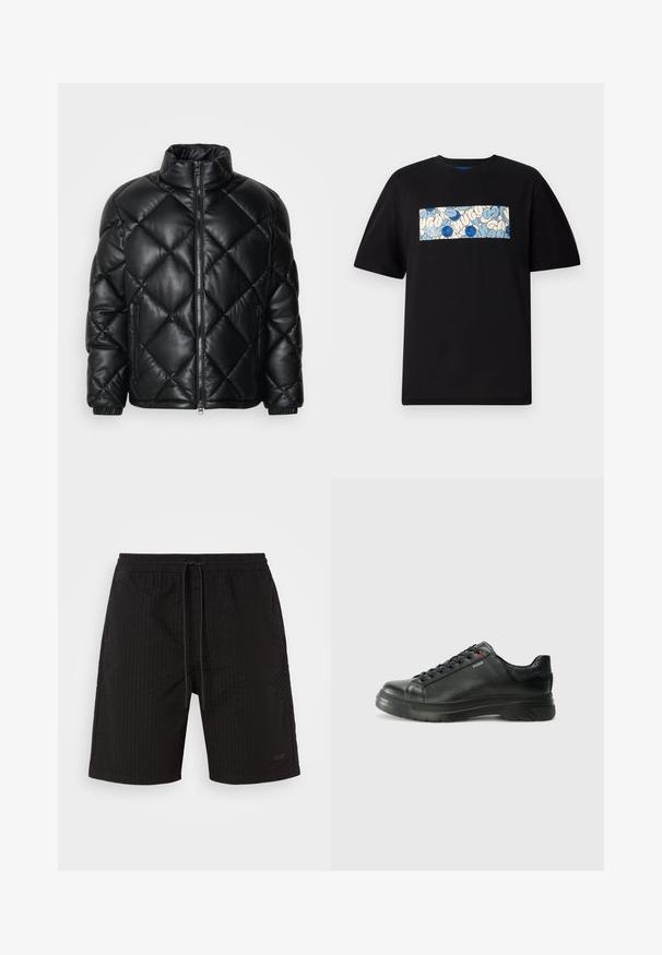 Crna jakna od pošivene pufaste tkanine s visokim ovratnikom, prednjim zatvaračem i zatvorenim bočnim džepovima, izrađena od glatkog sjajnog materijala.; Crna pamučna majica s pravokutnim grafičkim uzorkom u plavoj i krem boji s kružnim uzorcima i crtežima, dizajnirana za opušteni kroj.; Crne kupaćice s teksturiranim, rebrastim uzorkom. Elastični pojas s vezicom. Suptilno brendiranje na donjem prednjem dijelu. Bez džepova.; Crne kožne tenisice s teksturiranim gornjim dijelom, podstavljenim ovratnikom i crvenim logotipom. Imaju debeli gumeni potplat s izraženim uzorkom.