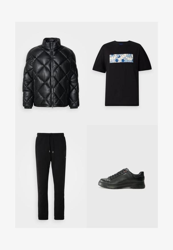 Black quilted puffer jacket with high collar, front zipper, and zippered side pockets, made of smooth shiny material.; Black cotton t-shirt featuring a rectangular graphic in blue and cream with circular patterns and doodles, designed for a relaxed fit.; Black sweatpants made of soft cotton, featuring a drawstring waist, tapered legs, and minimal branding in a subtle design.; Black leather sneaker with textured upper, padded collar, and red logo detail. Features a thick rubber sole with distinct tread pattern.