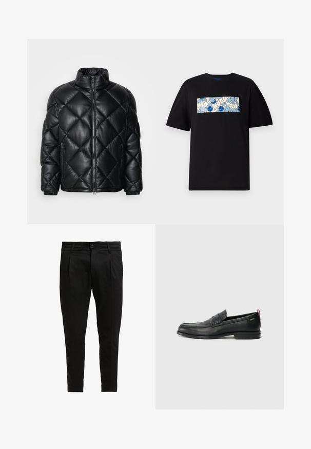 Black quilted puffer jacket with high collar, front zipper, and zippered side pockets, made of smooth shiny material.; Black cotton t-shirt featuring a rectangular graphic in blue and cream with circular patterns and doodles, designed for a relaxed fit.; Black trousers made of woven fabric, featuring a flat front, two pleats, a single button closure, and a tapered leg design.; Black leather loafers with a textured front panel and smooth sides. Features a slim heel and rear loop for easy wear. Classic design.