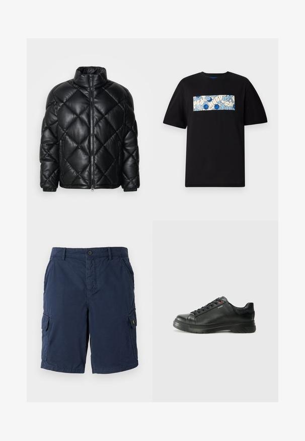 Chaqueta de plumas acolchada negra con cuello alto, cremallera frontal y bolsillos laterales con cremallera, hecha de un material suave y brillante.; Camiseta de algodón negra con un gráfico rectangular en azul y crema, con patrones circulares y garabatos, diseñada para un ajuste relajado.; Lyle & Scott WEMBLEY - Shorts - dark; Zapatilla negra de cuero con parte superior texturizada, cuello acolchado y detalle del logo en rojo. Presenta una suela de goma gruesa con un patrón de relieve distintivo.