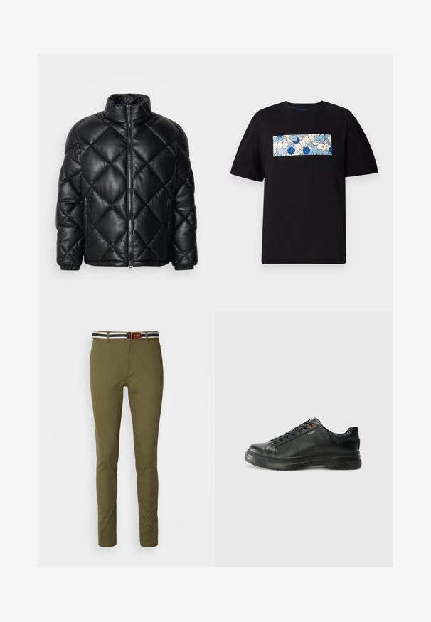 Čierna prešívaná zateplená bunda s vysokým golierom, predným zipsom a zipsovými bočnými vreckami, vyrobená z hladkého lesklého materiálu.; Čierne bavlnené tričko s okrúhlym výstrihom, ktoré má obdĺžnikový grafický motív v modrej a krémovej farbe so zaoblenými vzormi a drawings, navrhnuté pre voľný strih.; Úzke olivovo zelené nohavice s hladkým povrchom, so pruhovaným pásom v námorníckej modrej a bielej farbe, a akcentom z hnedého koženého opasku.; Čierna kožená teniska s textúrovaným vrchom, polstrovaným golierom a červeným logom. Obsahuje hrubú gumovú podrážku s výrazným vzorom.