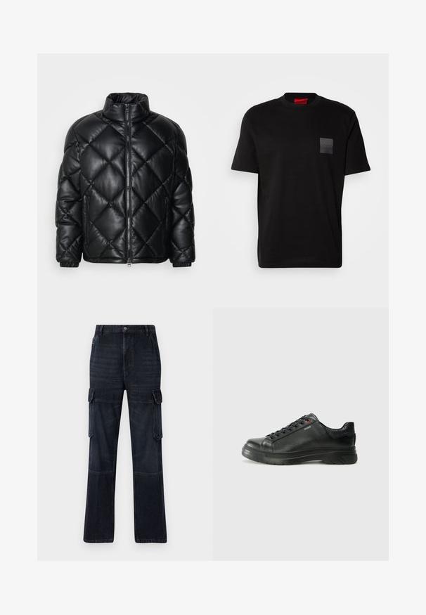 Svart quiltet pufferjakke med høy krage, frontglidelås og glidelåslommer på sidene, laget av glatt, skinnende materiale.; Svart bomull T-skjorte med rund hals, med et teksturert svart merke med logo på venstre bryst. Korte ermer og avslappet passform.; Mørke denim cargo bukser med en afslappet pasform, der har to sidelommer, knæpaneler og kontrastsyning. Metalknaplukning i taljen.; Svarte lærsneakers med teksturert overdel, polstret krage og rød logodetalj. Har en tykk gummisåle med tydelig mønster.
