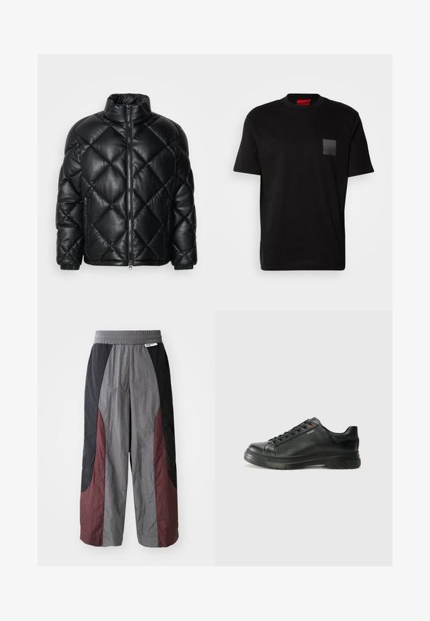 Giacca puffer nera trapuntata con colletto alto, zip frontale e tasche laterali con zip, realizzata in materiale lucido e liscio.; Maglietta nera in cotone con scollo rotondo, caratterizzata da un'etichetta nera testurizzata con logo sul lato sinistro del petto. Maniche corte e vestibilità rilassata.; Pantaloni a gamba larga realizzati in tessuto leggero, con un design a blocchi di colore in nero, grigio e bordeaux, dotati di una vita elastica.; Sneaker nera in pelle con superficie testurizzata, collo imbottito e dettaglio logo rosso. Presenta una suola in gomma spessa con un motivo di battistrada distintivo.