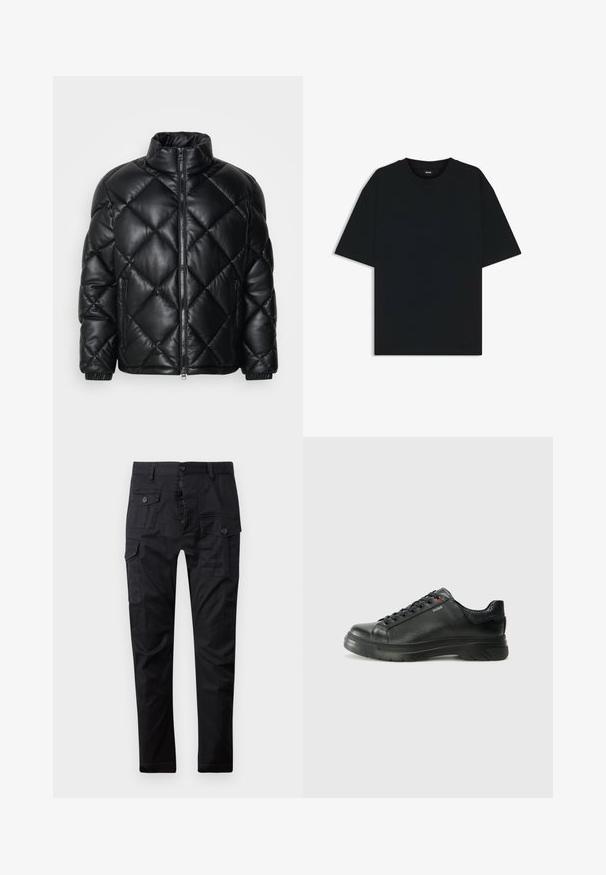 Schwarze gesteppte Puffjacke mit hohem Kragen, Frontreißverschluss und seitlichen Reißverschlusstaschen, aus glattem, glänzendem Material gefertigt.; Schwarzes Baumwoll-T-Shirt mit rundem Halsausschnitt und kurzen Ärmeln. Verfügt über einen lockeren Schnitt und ein schlichtes Design ohne Muster oder Akzente.; Schwarze Cargohosen aus strapazierfähigem Stoff, ausgestattet mit mehreren Taschen, einem Knopfverschluss und einem geraden Bein-Design. Glatte Textur und matte Oberfläche.; Schwarze Leder-Sneaker mit strukturiertem Obermaterial, gepolstertem Kragen und rotem Logo-Detail. Verfügt über eine dicke Gummisohle mit markantem Profil.