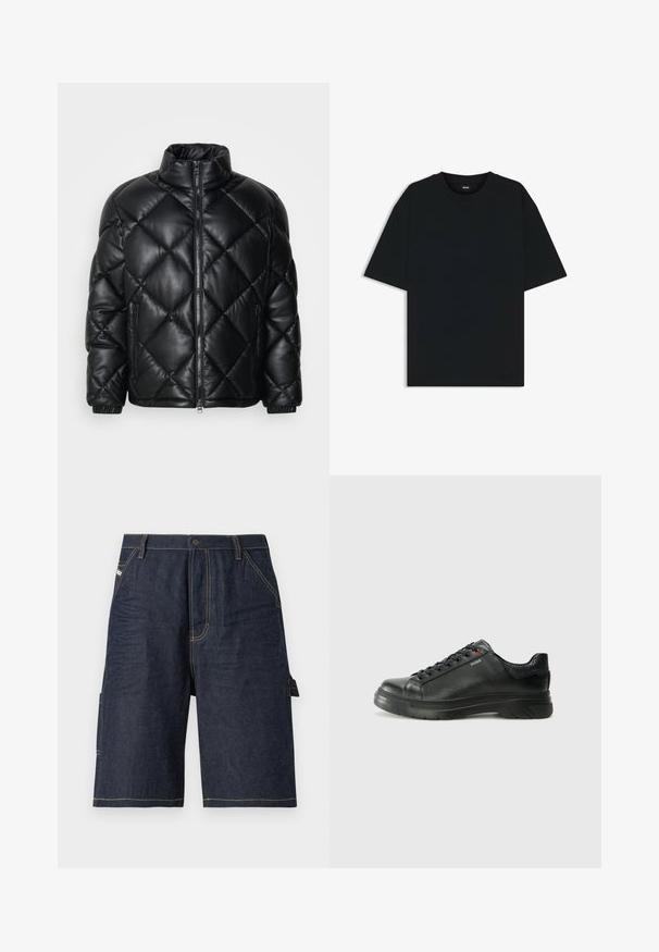 Svart quiltad pufferjacka med hög krage, framzipper och sidofickor med dragkedja, tillverkad av glatt glänsande material.; Svart bomullströja med rund hals och korta ärmar. Har en lös passform och en enkel design utan mönster eller accenter.; Mörkblå denimshorts med rak passform, fem fickor, gula söm detaljer och en sidoficka för extra funktionalitet.; Svart lädersneaker med texturerad ovandel, vadderat krage och röd logotypdetalj. Utrustad med en tjock gummisula med distinkt mönster.