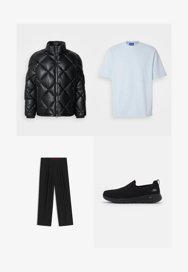 Black quilted puffer jacket with high collar, front zipper, and zippered side pockets, made of smooth shiny material.; Light blue ribbed t-shirt with a crew neck and short sleeves. Features a regular fit and subtle logo accent on the hem.; Black wide-leg trousers with a flat front, two side pockets, pleated design, and a contrasting red interior waistband.; Black slip-on sneaker with a breathable mesh upper, round toe, and cushioned rubber sole. Features a logo on the side.