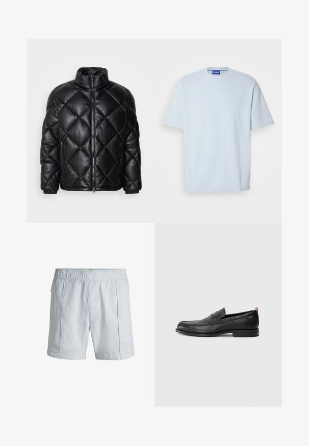 Zwarte gewatteerde pufferjack met hoge kraag, ritssluiting aan de voorkant en ritstas aan de zijkanten, gemaakt van glad, glanzend materiaal.; Lichtblauwe geribbelde t-shirt met een ronde hals en korte mouwen. Heeft een normale pasvorm en een subtiele logo-accent op de zoom.; Heren zwemshorts in lichtblauw met witte verticale strepen, gemaakt van lichte stof, met een elastische tailleband en zijzakken.; Zwarte leren instappers met een textuur aan de voorkant en gladde zijden. Voorzien van een slanke hak en een lus aan de achterkant voor gemakkelijk aan- en uittrekken. Klassiek ontwerp.