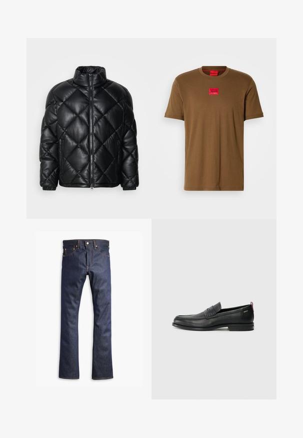 Črna prešita jakna s kapuco, z visokim ovratnikom, sprednjim zadrgo in stranskimi žepi z zadrgo, izdelana iz gladkega sijajnega materiala.; Rjava kratka majica s kratkimi rokavi z rdečim pravokotnim logotipom, podpisanim "HUGO", na sredini prsnega dela.; Temno modre denim hlače z ravnim krojem, ki vključujejo oranžne šive, pet žepov in zapiranje na gumb. Gladka tekstura in trpežna tkanina.; Črne usnjene loafer čevlje z teksturiranim sprednjim delom in gladkimi stranmi. Imajo ozko peto in zadnji zanko za enostavno obuvanje. Klasična zasnova.