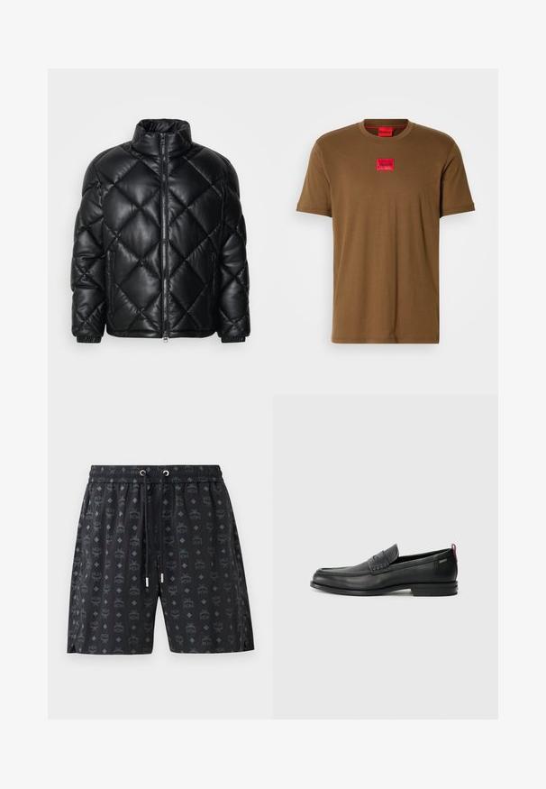 Crna jakna od pošivene pufaste tkanine s visokim ovratnikom, prednjim zatvaračem i zatvorenim bočnim džepovima, izrađena od glatkog sjajnog materijala.; Smeđi majica kratkih rukava s crvenim pravokutnim logom s natpisom "HUGO" na središnjem dijelu prsa.; Crne kupaćice s ponovljenim uzorkom loga i dijamantnim oblicima. Izrađene od laganog materijala, s elastičnom gumicom i vezicom.; Crne kožne loafere s teksturiranim prednjim panelom i glatkim stranama. Imaju uski petu i stražnju petlju za lakše obuvanje. Klasičan dizajn.