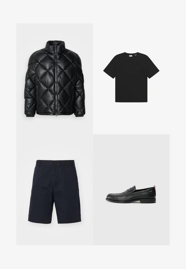 Giacca puffer nera trapuntata con colletto alto, zip frontale e tasche laterali con zip, realizzata in materiale lucido e liscio.; T-shirt in cotone nero con colletto rotondo e maniche corte. Presenta un logo testuale sottile sulla parte anteriore. Tessuto morbido e vestibilità rilassata.; Pantaloni corti neri in cotone con vita piatta, tasche laterali, chiusura con bottone e gamba dritta. Nessun motivo o accento visibile.; Mocassini in pelle nera con un pannello anteriore testurizzato e lati lisci. Presentano un tacco sottile e un anello sul retro per una vestibilità facile. Design classico.