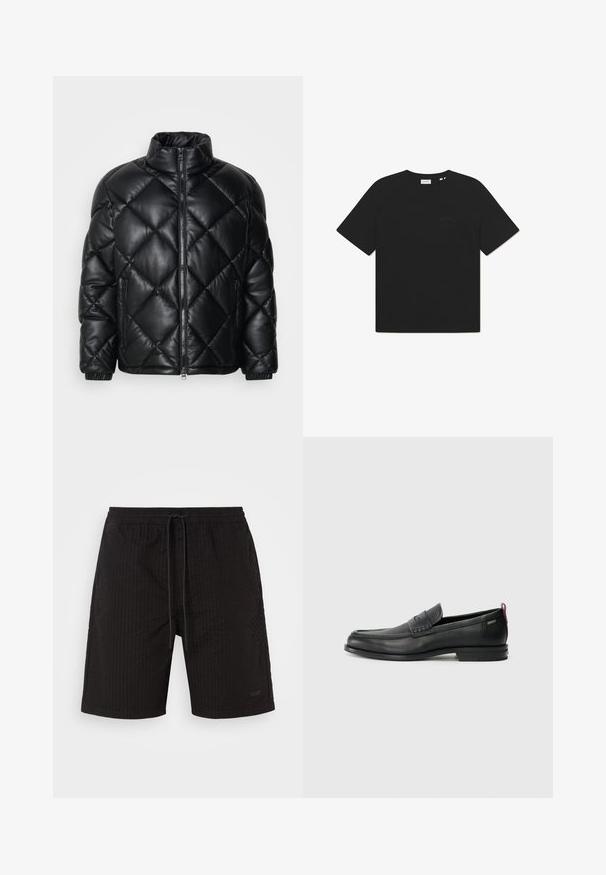 Doudoune noire matelassée avec col haut, fermeture éclair sur le devant et poches latérales zippées, fabriquée en matériau lisse et brillant.; T-shirt en coton noir à col rond et manches courtes. Présente un logo textuel subtil à l'avant. Texture douce et coupe décontractée.; Shorts de bain noirs avec un motif texturé à côtes. Taille élastique avec cordon de serrage. Marquage discret sur le bas à l'avant. Pas de poches.; Mocassins en cuir noir avec un panneau avant texturé et des côtés lisses. Équipés d'un talon fin et d'une boucle à l'arrière pour un enfilage facile. Design classique.