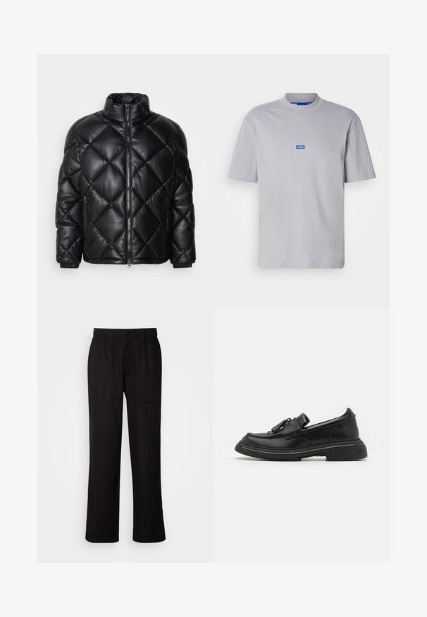Svart quiltet pufferjakke med høy krage, frontglidelås og glidelåslommer på sidene, laget av glatt, skinnende materiale.; Grå bomulls T-skjorte med rund hals, kort ermer og en liten blå "HUGO"-logo i midten. Glatt tekstur, avslappet passform.; Svart bukser med avslappet passform, laget av lett stoff. Har elastisk midjebånd, knapplukking og to frontlommer.; HUGO RIKKY - Slippers - black