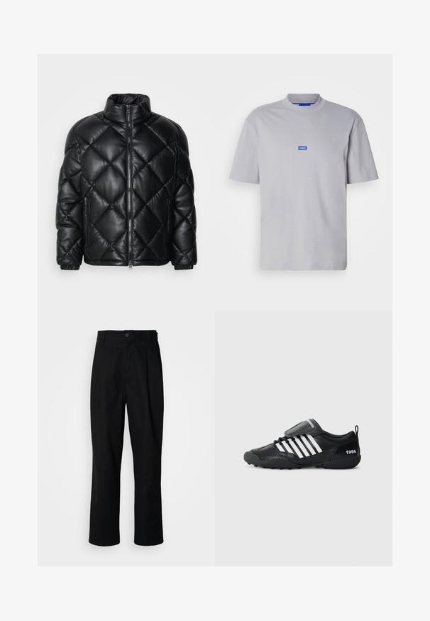 Črna prešita jakna s kapuco, z visokim ovratnikom, sprednjim zadrgo in stranskimi žepi z zadrgo, izdelana iz gladkega sijajnega materiala.; Siva bombažna majica s krojem okrogle ovratnice, kratkimi rokavi in majhnim modrim logotipom "HUGO" na sredini. Gladka tekstura, sproščen kroj.; Črne hlače ravnega kroja z gumbastim pasom, zanke za pas in sprednjim pregibom, prikazane na enobarvnem belem ozadju.; Črne športne čevlje z teksturirano zgornjšo ploščo, belimi črtastimi poudarki, oblazinjenim ovratnikom in črnim gumijastim podplatom. Imajo zanko za pomoč pri obuvanju in detajl "1964".