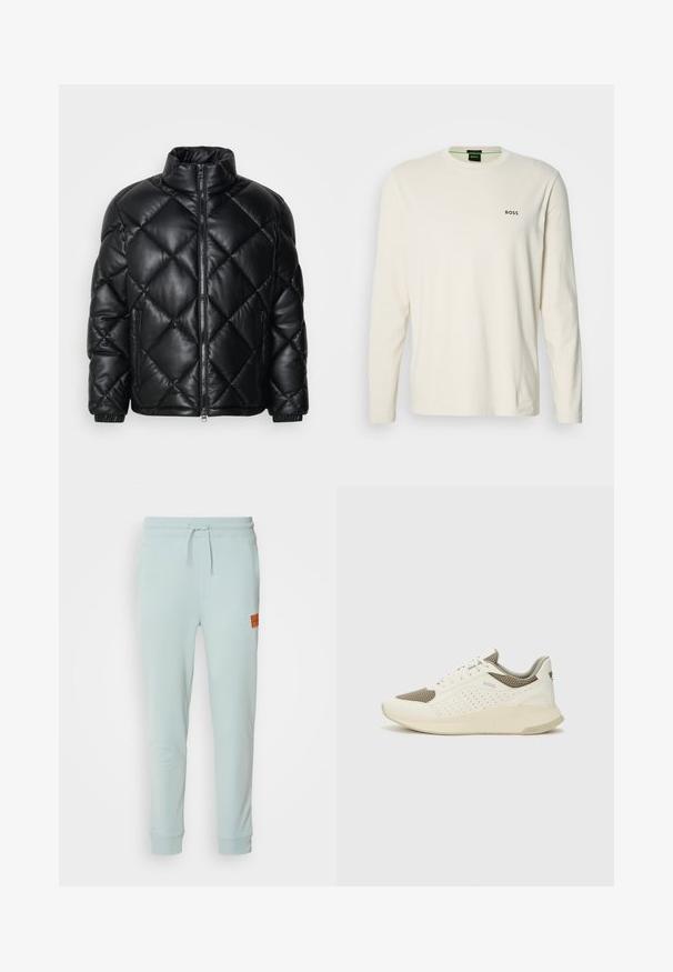 Svart quiltet pufferjakke med høy krage, frontglidelås og glidelåslommer på sidene, laget av glatt, skinnende materiale.; Langermet kremfarget t-skjorte laget av bomull, med rund hals, utstyrt med en liten svart "BOSS" logo på brystet. Glatt, lett stoff.; HUGO DOAK - Joggebukse - open grey; Hvit og lysebeige treningssko, med en mesh-overdel, perforerte detaljer og en teksturert mellomsåle med merkevare på hælen.