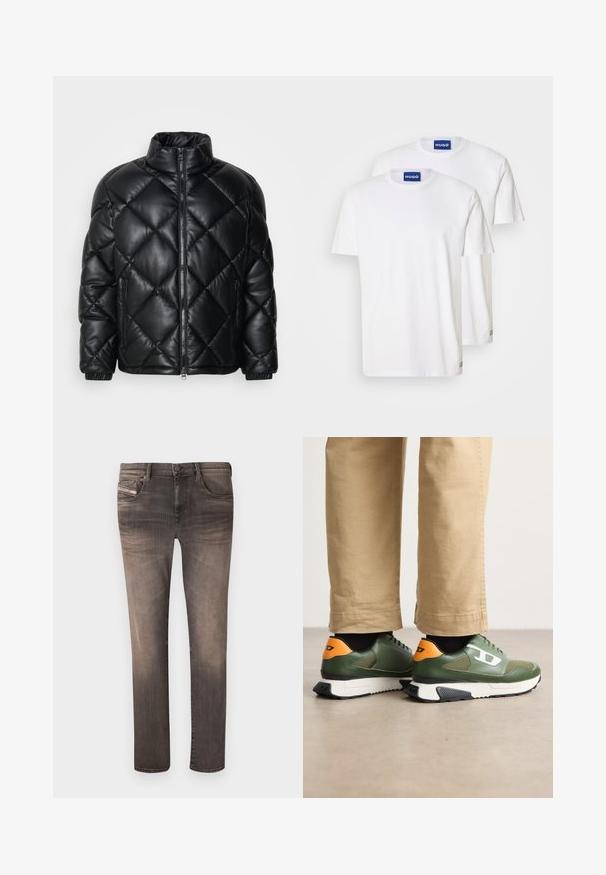 Juodas kvadratinis pūkų paltas su aukštu apykakle, priekiniais užtrauktukais ir užtrauktukinėmis šoninėmis kišenėmis, pagamintas iš lygaus blizgaus medžiagos.; Baltos medvilninės marškinėlės, su apvaliu kaklu ir trumpomis rankovėmis, pažymėtos mėlynomis "HUGO" etiketėmis kaklo srityje ir mažomis detalėmis ant apatinės dalies.; Lieknos džinsai išblukusios juodos spalvos, su penkiomis kišenėmis, dirželio kilpomis ir užtrauktuku. Medžiaga rodo lengvą tekstūrą su subtiliais šviesinimais.; Žalios odinės sportbačiai su oranžiniais akcentais, juodais detalėmis ir tekstūruotu padu, matomi iš užpakalio. Kasdienis dizainas su raištelių uždarymu.