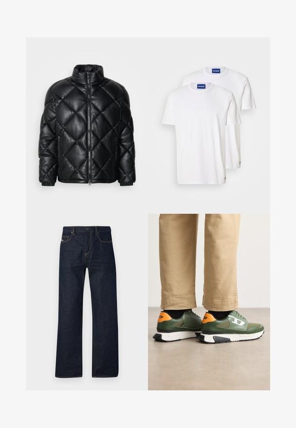 Svart quiltad pufferjacka med hög krage, framzipper och sidofickor med dragkedja, tillverkad av glatt glänsande material.; Vita bomullströjor med rund hals och korta ärmar, märkta med blå "HUGO"-etiketter på halsen och små detaljer på kanten.; Mörkblå denimjeans med raka ben, kontrasterande gul söm, en klassisk femficksdesign och knäppning i midjan.; Gröna lädersneakers med orange detaljer, svarta inslag och en texturerad sula, sedda bakifrån. Avspänd design med snörning.