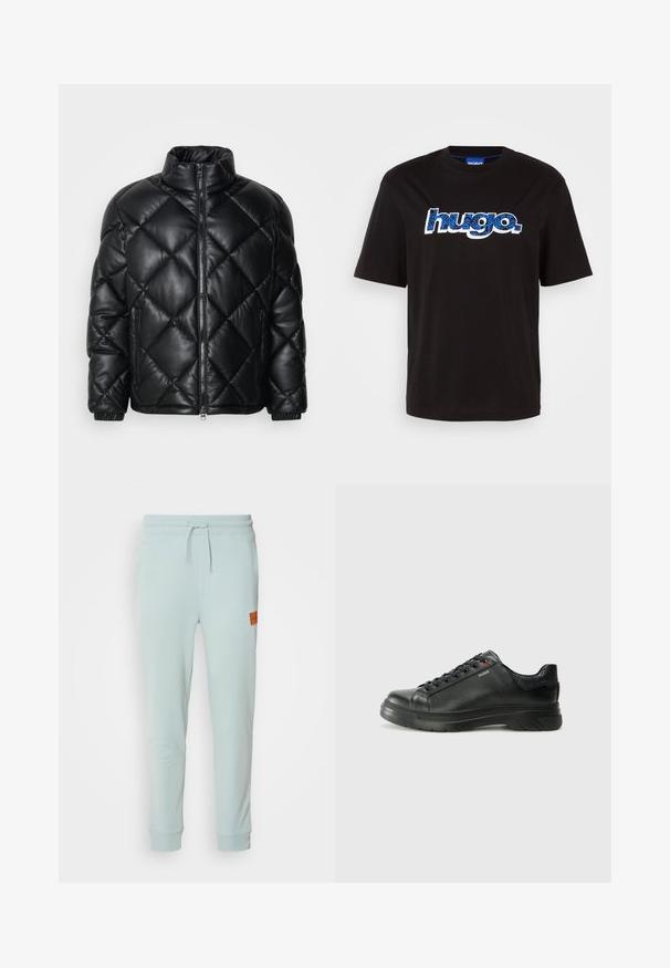 Sort quiltet pufferjakke med høj krave, frontlynlås og lynlåslommer i siden, lavet af glat, blankt materiale.; Sort bomulds t-shirt med "hugo." logo i blåt med et mønsterdesign. Korte ærmer og rund halsudskæring.; HUGO DOAK - Træningsbukser - open grey; Sorte lædersneakers med tekstureret overdel, polstret krave og rødt logo-detajle. Har en tyk gummisål med tydeligt mønster.