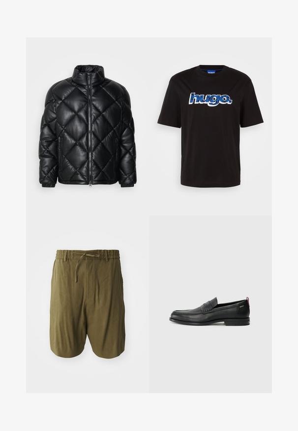 Svart quiltet pufferjakke med høy krage, frontglidelås og glidelåslommer på sidene, laget av glatt, skinnende materiale.; Svart bomullst-skjorte med "hugo." logo i blått med et mønsterdesign. Korte ermer og rund hals.; Olivenfargede shorts laget av lett materiale, med elastisk midje og snøring, samt sidelommer for ekstra bekvemmelighet.; Svarte lær loafers med teksturert frontpanel og glatte sider. Har en slank hæl og bakløkke for enkel påkledning. Klassisk design.