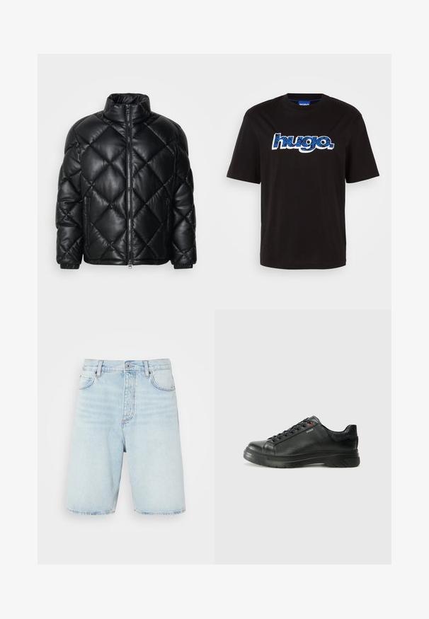 Čierna prešívaná zateplená bunda s vysokým golierom, predným zipsom a zipsovými bočnými vreckami, vyrobená z hladkého lesklého materiálu.; Čierne bavlnené tričko s modrým logom "hugo." a vzorovaným dizajnom. Krátke rukávy a kruhový výstrih.; Svetlomodré denim šortky s vysokým pásom, zapínaním na gombík a štýlom s piatimi vreckami. Obsahujú jemné vyblednutie a rovný strih nohavíc.; Čierna kožená teniska s textúrovaným vrchom, polstrovaným golierom a červeným logom. Obsahuje hrubú gumovú podrážku s výrazným vzorom.