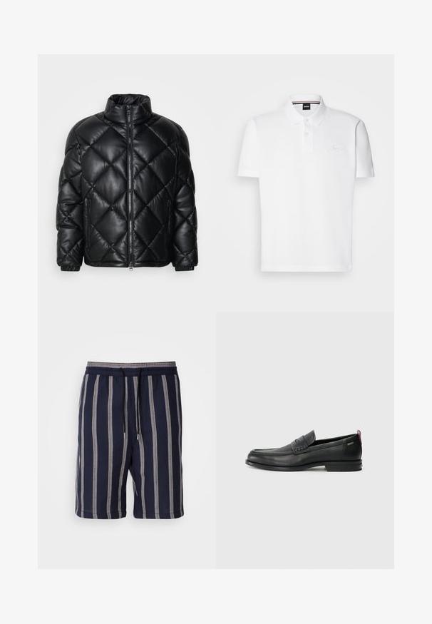 Giacca puffer nera trapuntata con colletto alto, zip frontale e tasche laterali con zip, realizzata in materiale lucido e liscio.; Polo bianco realizzato in un mix di cotone e poliestere, dotato di colletto, pattina con due bottoni e un discreto logo ricamato sul petto.; Pantaloni corti blu navy con righe verticali grigio chiaro, vita elastica con coulisse, lunghezza al ginocchio, realizzati in un tessuto testurizzato.; Mocassini in pelle nera con un pannello anteriore testurizzato e lati lisci. Presentano un tacco sottile e un anello sul retro per una vestibilità facile. Design classico.