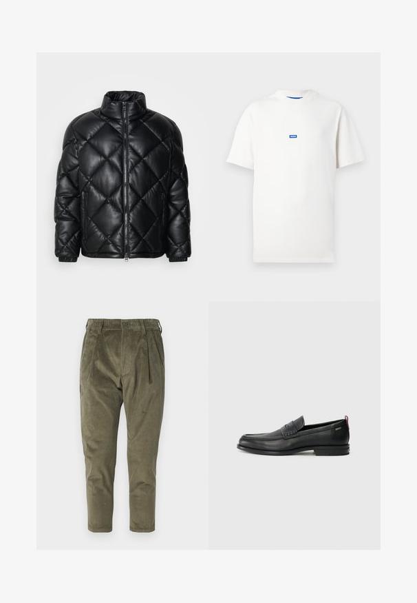 Svart quiltet pufferjakke med høy krage, frontglidelås og glidelåslommer på sidene, laget av glatt, skinnende materiale.; Hvit kortermet T-skjorte med en liten blå rektangulær logo med teksten "HUGO" sentrert på brystet, ensfarget bakgrunn.; Olivengrønne corduroybukser med afslappet pasform, der har folder, elastisk talje og tapered ben. Tekstureret stof med lodrette ribber.; Svarte lær loafers med teksturert frontpanel og glatte sider. Har en slank hæl og bakløkke for enkel påkledning. Klassisk design.