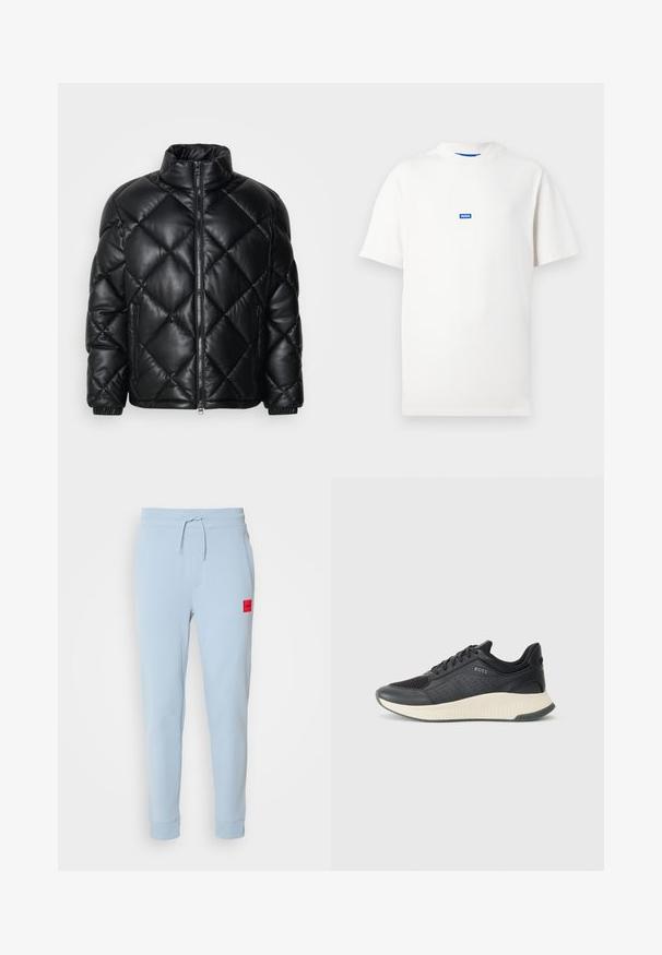 Black quilted puffer jacket with high collar, front zipper, and zippered side pockets, made of smooth shiny material.; White short-sleeve T-shirt with a small blue rectangular logo reading "HUGO" centered on the chest, plain background.; Light blue cotton joggers with a drawstring waist, side pockets, and a small red logo patch on the left side. Fitted cuffs at the ankles.; Black athletic sneaker featuring a mesh upper with perforations, a textured midsole in cream, and a rubber outsole for traction.