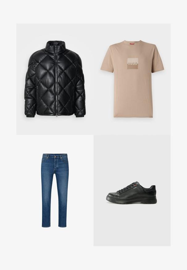 Czarna pikowana kurtka puchowa z wysokim kołnierzem, z przodu na zamek i zamykanymi kieszeniami po bokach, wykonana z gładkiego, błyszczącego materiału.; Beżowy t-shirt wykonany z bawełny, z kwadratowym logo w odcieniach bieli i jasnego brązu. Krótkie rękawy, okrągły dekolt, standardowy krój.; Niebieskie dżinsy o prostym kroju, z pięcioma kieszeniami, szlufkami na pasek i zapięciem na guzik. Jasne przetarcia i kontrastowe przeszycia.; Czarne skórzane sneakersy z teksturowaną cholewką, miękkim kołnierzem i czerwonym logo. Posiadają grubą gumową podeszwę z wyraźnym wzorem bieżnika.