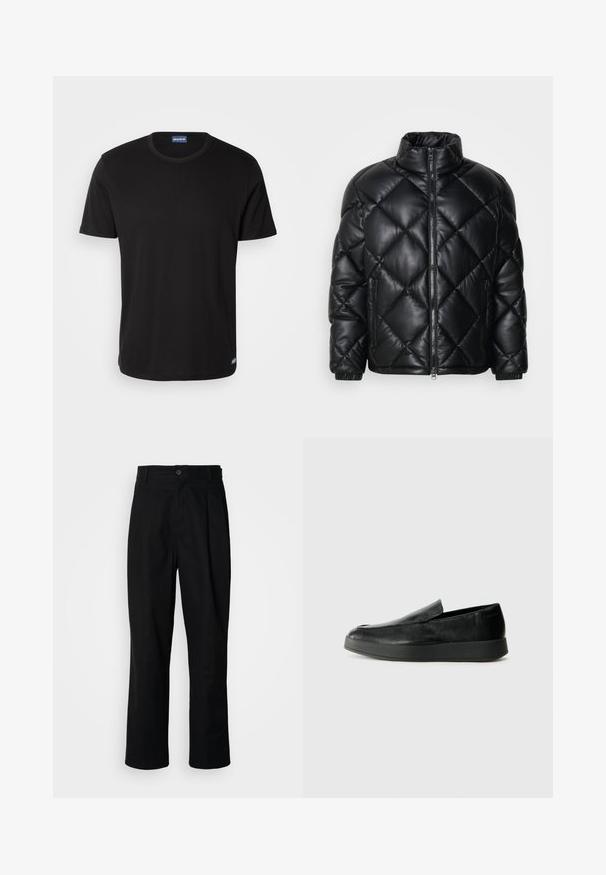 Casaquinho puffer preto, acolchoado, com colarinho alto, fecho frontal com zíper e bolsos laterais com zíper, feito de um material liso e brilhante.; Camiseta preta de manga curta feita de algodão, com decote redondo e uma pequena etiqueta de logotipo na bainha. Textura suave, ajuste regular.; Calças pretas de perna reta com uma cintura abotoada, passantes para cinto e vinco frontal, expostas contra um fundo branco liso.; Calvin Klein HYBRID CUP - Sapatos sem atacadores - triple black