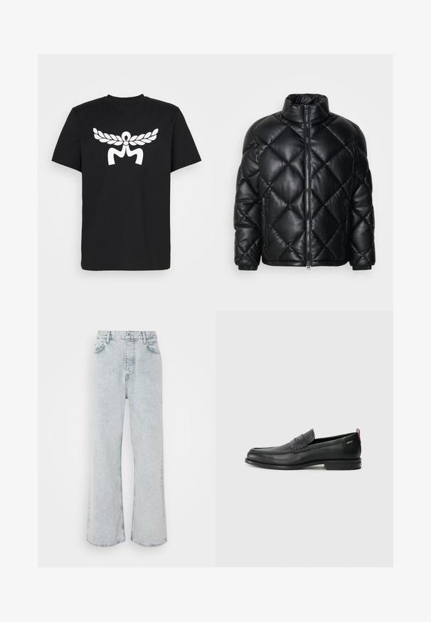 Juodas kvadratinis pūkų paltas su aukštu apykakle, priekiniais užtrauktukais ir užtrauktukinėmis šoninėmis kišenėmis, pagamintas iš lygaus blizgaus medžiagos.; Juodas medvilnės marškinėlis, su dideliu baltu grafiku, vaizduojančiu laurų vainiką ir abstrakčias formas priekyje. Trumpomis rankovėmis ir apykakle.; Šviesiai mėlynos džinsinės plačios kelnės su aukštu liemeniu, su mygtukų užsegimu, penkiomis kišenėmis ir subtiliu nudėvėtu raštu.; Juodi odiniai loafersai su tekstūruotu priekinės dalies panele ir lygiomis šoninėmis dalimis. Yra plonas kulnas ir užpakalinė kilpa patogiam užsidėjimui. Klasikinis dizainas.