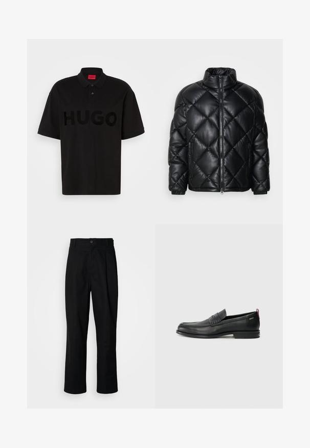 Chaqueta de plumas acolchada negra con cuello alto, cremallera frontal y bolsillos laterales con cremallera, hecha de un material suave y brillante.; Camiseta polo negra de algodón, con un gran logo "HUGO" en tono sobre tono en el frente, collar de dos botones y mangas cortas.; Pantalones rectos negros con cintura con botones, trabillas para cinturón y pliegue frontal, exhibidos sobre un fondo blanco liso.; Mocasines de cuero negro con un panel frontal texturizado y laterales lisos. Presenta un tacón delgado y un lazo trasero para facilitar su uso. Diseño clásico.