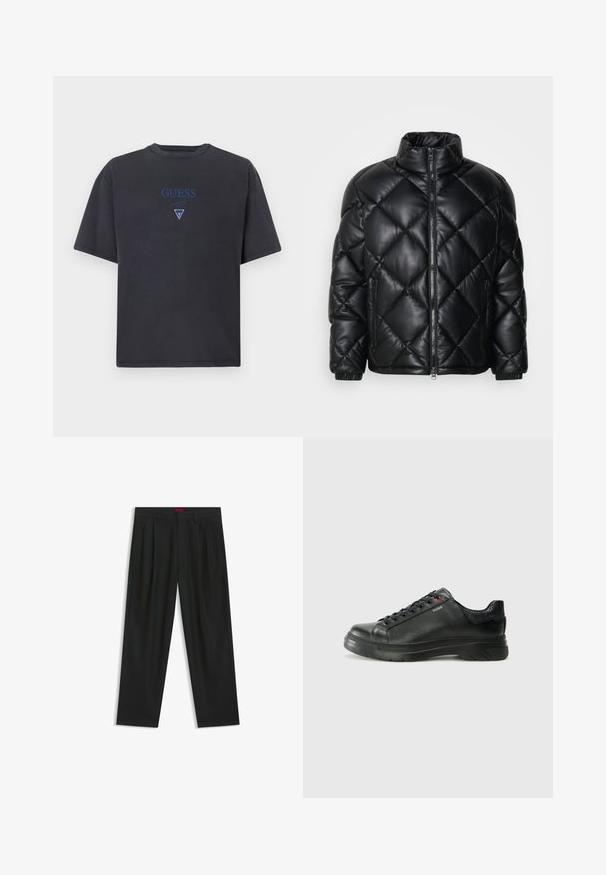 Black quilted puffer jacket with high collar, front zipper, and zippered side pockets, made of smooth shiny material.; Dark gray t-shirt made of cotton, featuring a crew neck and short sleeves. Blue embroidered "GUESS" logo and triangular accent at the center.; Black trousers with a pleated design, wide leg shape, and a smooth texture. Features a red waistband tag.; Black leather sneaker with textured upper, padded collar, and red logo detail. Features a thick rubber sole with distinct tread pattern.