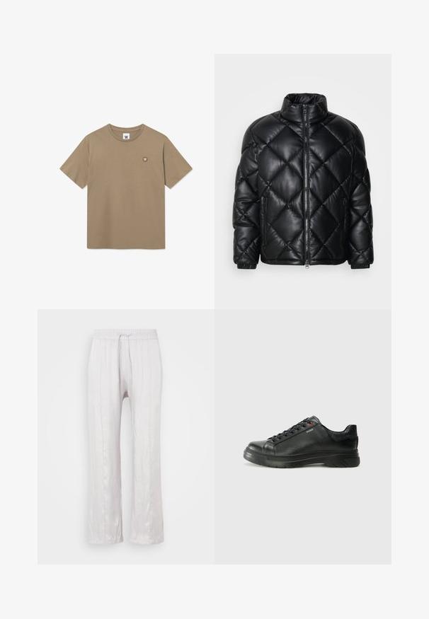 Černá prošívaná péřová bunda s vysokým límcem, předním zipem a kapsami na zip na bocích, vyrobená z hladkého lesklého materiálu.; Krátký rukáv tričko s kulatým výstřihem v hnědé barvě s malou kulatou nášivkou s bílým "W" na levé hrudi.; Světle šedé, volné kalhoty z hladké látky s elastickým pasem a šňůrkou na stažení. Rovné nohavice s jemnými záhyby, bez viditelných vzorů.; Černé kožené tenisky s texturovaným svrškem, polstrovaným límcem a červeným logem. Disponují tlustou gumovou podrážkou s výrazným vzorem.