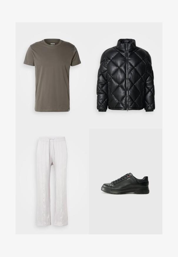 Fekete steppelt pufi dzseki magas gallérral, elülső cipzárral és cipzáras oldalsó zsebekkel, sima, fényes anyagból készült.; Mads Nørgaard THOR TEE - Basic póló - beluga; Világosszürke, laza szabású nadrág sima anyagból, gumis derékkal és zsinórral. Egyenes lábak finom redőkkel, látható minták nélkül.; Fekete bőr sportcipő, textúrált felsőrésszel, párnázott bokarésszel és piros logóval. Vastag gumitalppal rendelkezik, amely jellegzetes futási mintázattal bír.