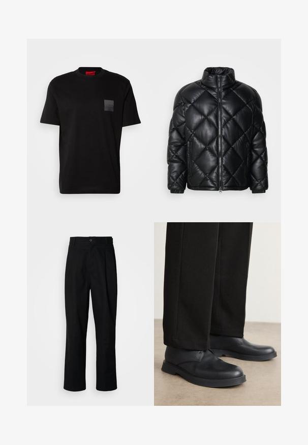 Black quilted puffer jacket with high collar, front zipper, and zippered side pockets, made of smooth shiny material.; Black cotton T-shirt with a crew neck, featuring a textured black patch with logo on the left chest. Short sleeves and relaxed fit.; Black straight-leg trousers with a buttoned waistband, belt loops, and front crease, displayed against a plain white background.; Black leather shoes with a rounded toe, flat sole, and minimal detailing. Paired with tailored black pants, showing smooth texture.