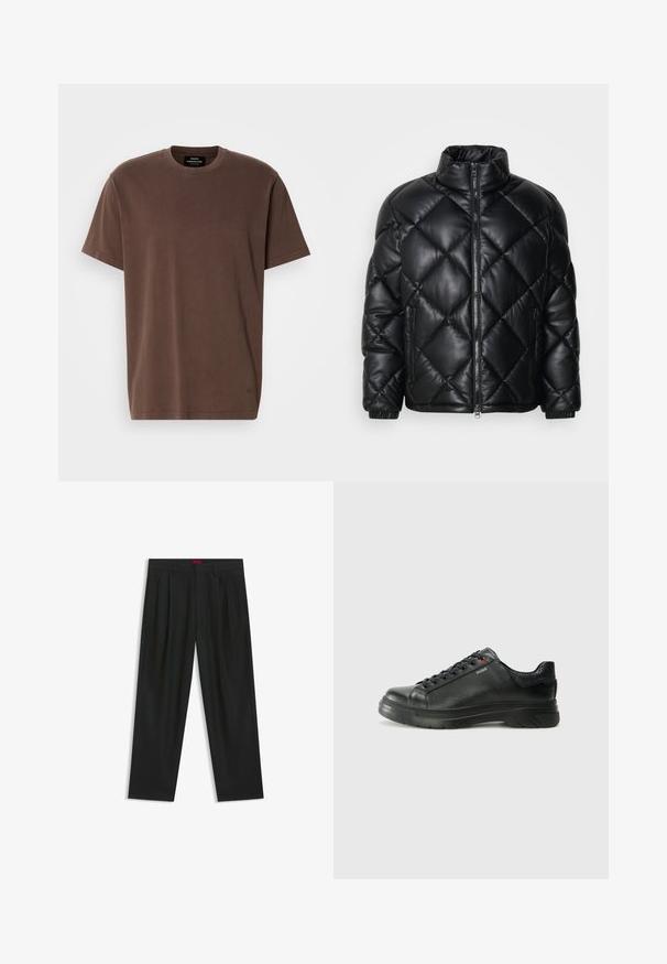 Black quilted puffer jacket with high collar, front zipper, and zippered side pockets, made of smooth shiny material.; Brown short-sleeve crewneck T-shirt with a small logo near the hem and brand label inside the neckline, displayed on white background.; Black trousers with a pleated design, wide leg shape, and a smooth texture. Features a red waistband tag.; Black leather sneaker with textured upper, padded collar, and red logo detail. Features a thick rubber sole with distinct tread pattern.