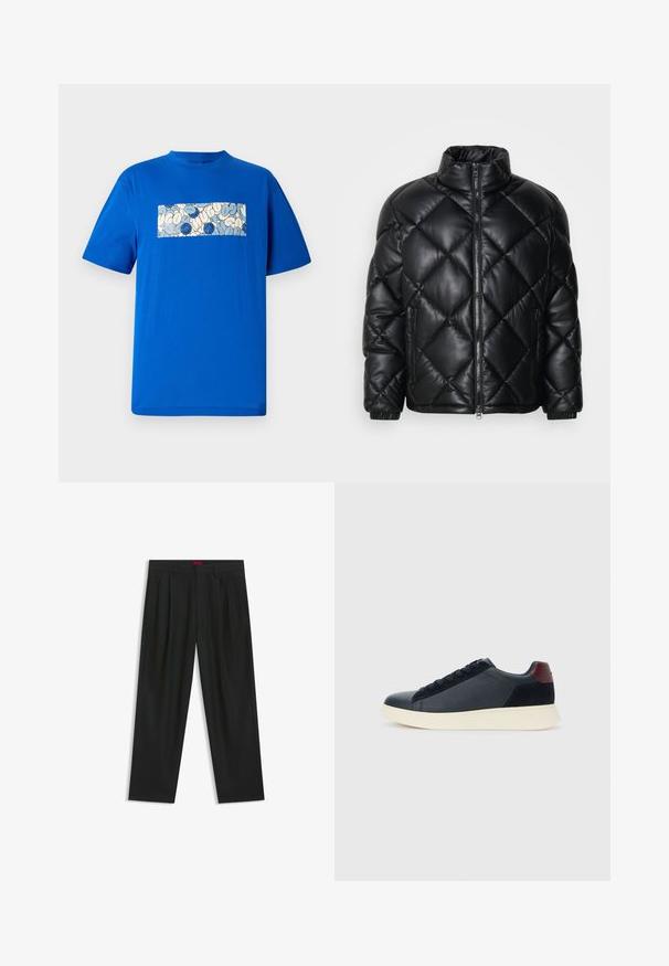 Black quilted puffer jacket with high collar, front zipper, and zippered side pockets, made of smooth shiny material.; Blue cotton t-shirt with a rectangular graphic design featuring rounded shapes and blue accents in a light-colored background. Short sleeves.; Black trousers with a pleated design, wide leg shape, and a smooth texture. Features a red waistband tag.; Low-top men's sneaker in black leather and suede with maroon heel tab and white rubber sole, viewed from the outer side.