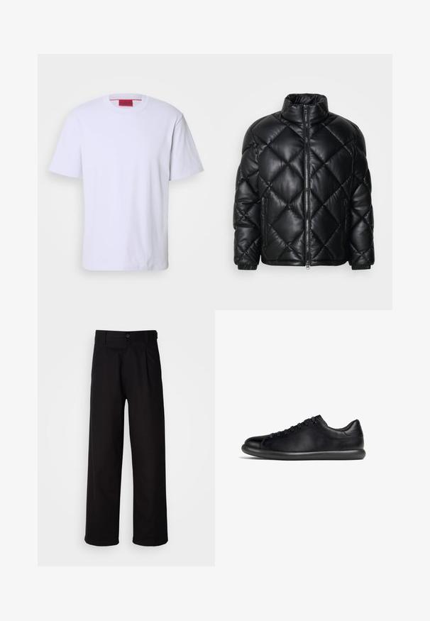 Fekete steppelt pufi dzseki magas gallérral, elülső cipzárral és cipzáras oldalsó zsebekkel, sima, fényes anyagból készült.; Fehér, környakú, rövid ujjú póló. Puha pamutból készült, finoman domborított logóval és piros címkével a nyakrészen.; Fekete nadrág sima anyagból, egyenes szárú kialakítással, elején pliszével és egy gombos záródással a deréknál.; Fekete alacsony szárú bőr sportcipő fekete fűzővel és vastag párnázott talppal, oldalnézetből látható fehér háttér előtt.