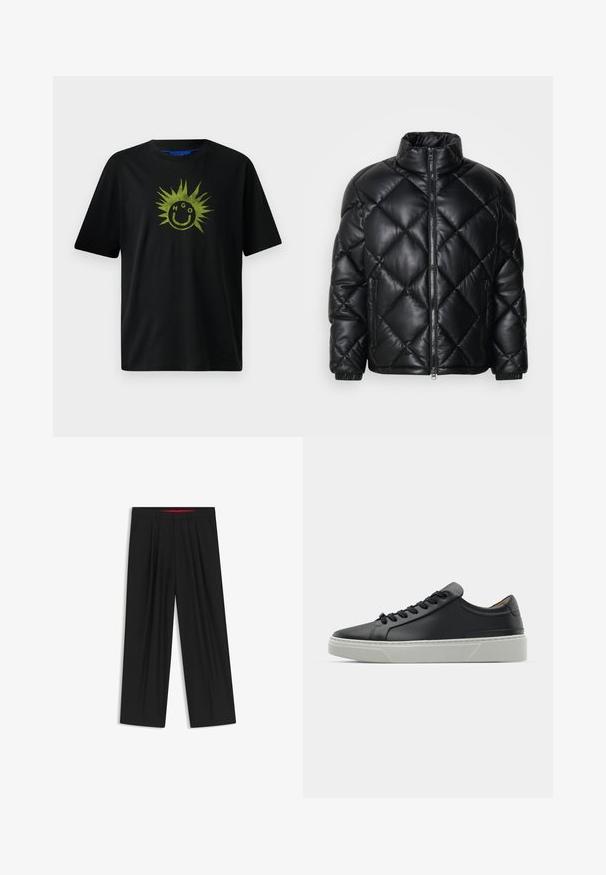 Zwarte gewatteerde pufferjack met hoge kraag, ritssluiting aan de voorkant en ritstas aan de zijkanten, gemaakt van glad, glanzend materiaal.; Zwarte katoenen t-shirt met korte mouwen, voorzien van een groene zonafbeelding en een smiley gezicht ontwerp, met de letters "HGO" geïntegreerd.; Zwarte wijde broek met een vlakke voorkant, twee zijzakken, geplooid ontwerp en een contrasterende rode binnenband.; Zwarte leren sneaker met een gladde textuur, ronde neus en zwarte veters. Heeft een dikke, witte rubberen zool met subtiele geometrische accenten.
