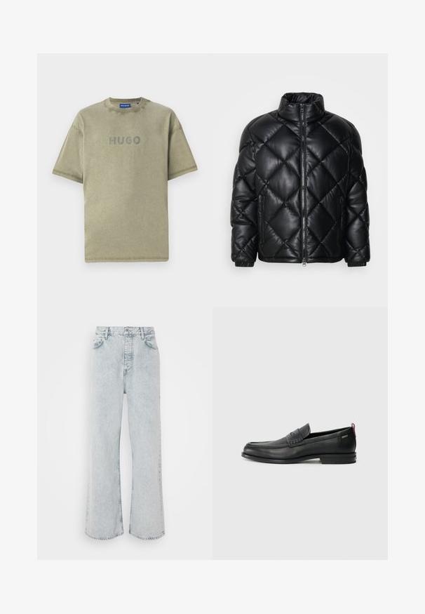 Černá prošívaná péřová bunda s vysokým límcem, předním zipem a kapsami na zip na bocích, vyrobená z hladkého lesklého materiálu.; Olivově zelené bavlněné tričko s krátkými rukávy, kulatým výstřihem a vyraženým logem "HUGO" na přední straně. Jemná textura a čisté linie.; Světle modré džínové kalhoty širokého střihu s vysokým pasem, s knoflíkovým zapínáním, pěti kapsami a jemně vybledlou texturou.; Černé kožené mokasíny s texturovaným předním panelem a hladkými stranami. Mají štíhlý podpatek a zadní poutko pro snadné obouvání. Klasický design.