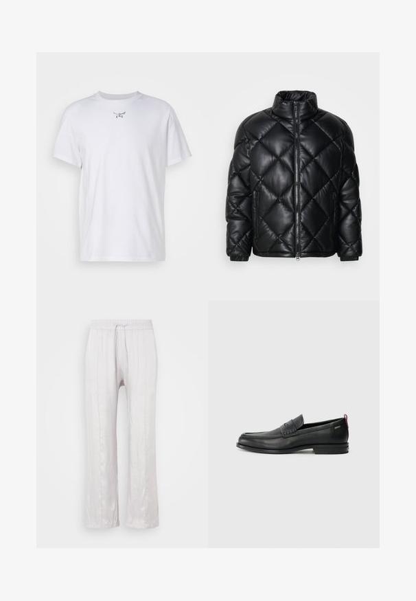 Melnā kviltēta pūkā žakete ar augstu apkakli, priekšējo rāvējslēdzi un rāvējslēdzēja sānu kabatām, izgatavota no gludas, spīdīgas materiāla.; MCM ESSENTIAL - Pamata T-krekls - white; Gaiši pelēkas, brīva piegriezuma bikses gludā audumā ar elastīgu jostasvietu un auklu. Taisnas kājas ar smalkām krokām, bez redzamām rakstām.; Melni ādas loafers, ar teksturētu priekšējo paneli un gludām malām. Ar šauru papēdi un aizmugurējo cilpu vieglai uzlikšanai. Klasisks dizains.