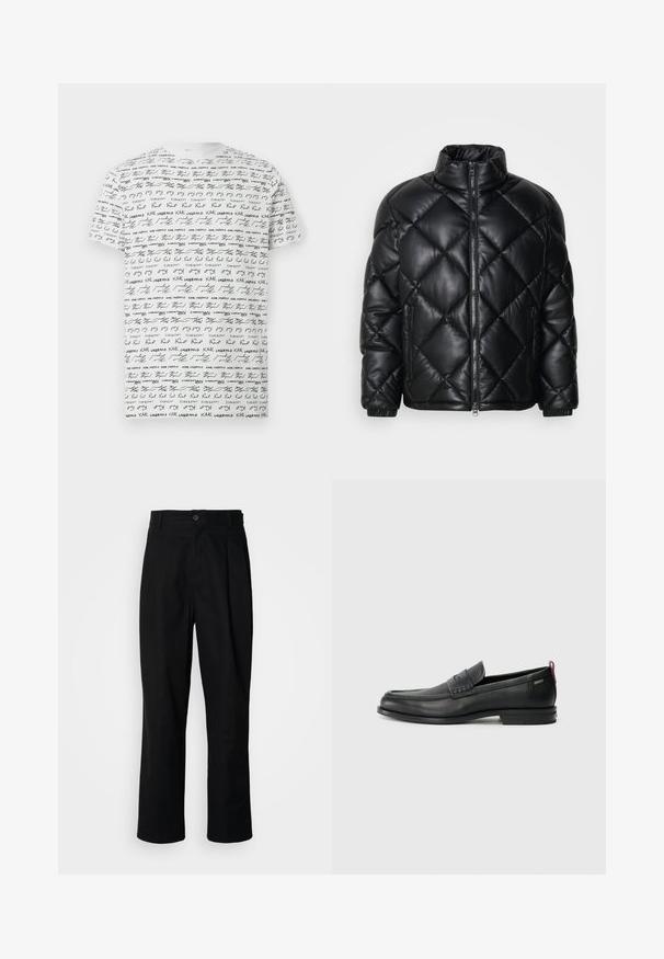 Mustmust koonusjakk kõrge kraega, esiküljel lukuga ja külgedel lukuga taskud, valmistatud siledast siidisest materjalist.; Valge lühikeste varrukatega kroo lõikuse T-särk, millel on mustade korduvate "KARL LAGERFELD" tekstide ja allkirja mustriga kaetud kogu kangas.; Mustad sirged püksid nuppudega vöökoht, vöölõngad ja eesmine voldik, esitatud lihtsa valge tausta ees.; Mustad mustad nahast loafers tekstuuriga esipaneeli ja siledate külgedega. Omab peent kand ja tagumist silmust lihtsaks selga panemiseks. Klassikaline disain.