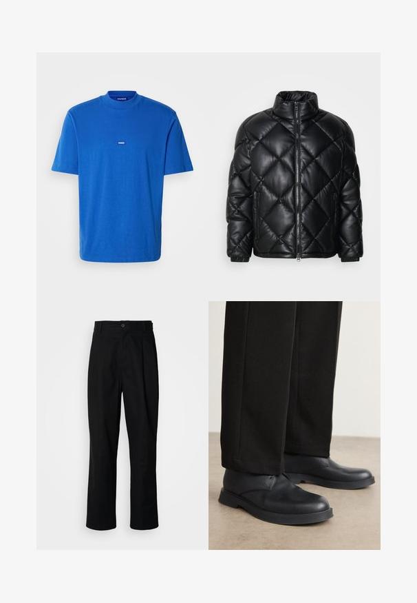 Svart quiltad pufferjacka med hög krage, framzipper och sidofickor med dragkedja, tillverkad av glatt glänsande material.; Blå bomulls T-shirt med korta ärmar, rund hals och en liten logotyp på bröstet. Slät textur med en avslappnad passform.; Svarta rakbenade byxor med knäppning i midjan, bälteshällor och framfåll, uppvisade mot en enkel vit bakgrund.; Svarta läderskor med rund tå, platt sula och minimal detaljering. Matchas med skräddarsydda svarta byxor som har en jämn yta.
